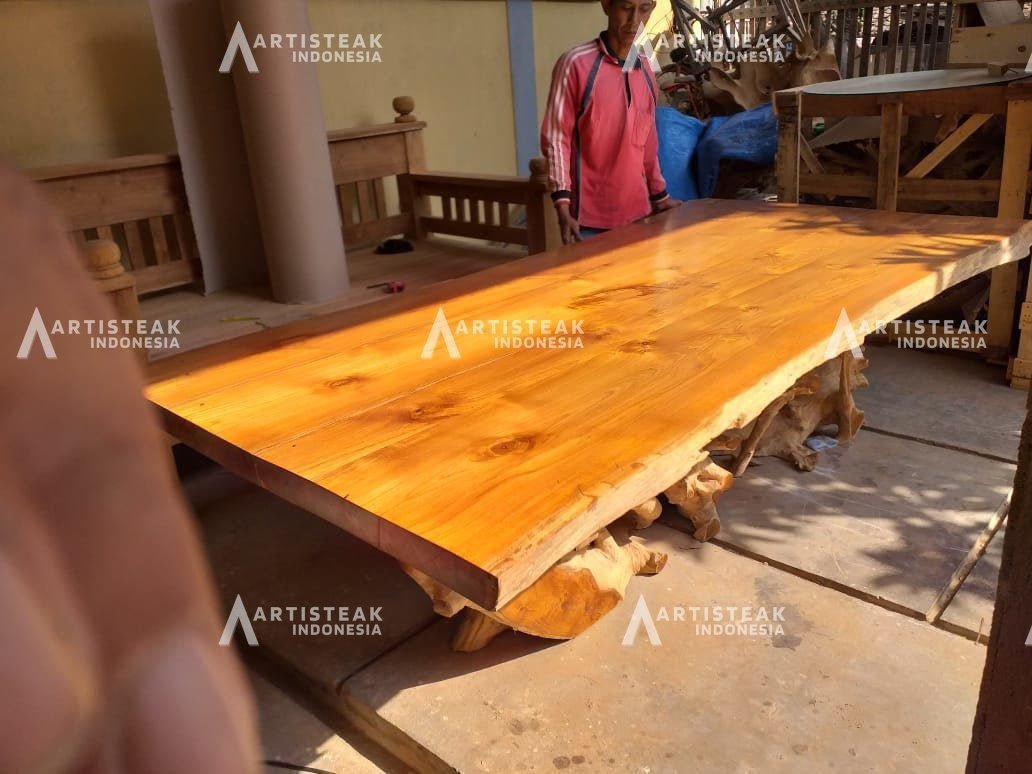 Aesthetic Large Rectangular Dining Table - Teak Root Dining Table - Glossy Finished Teak Root Dining Table - SOGEH Furniture