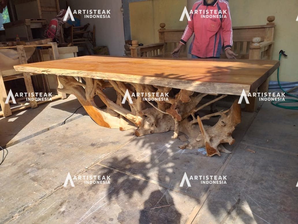 Aesthetic Large Rectangular Dining Table - Teak Root Dining Table - Glossy Finished Teak Root Dining Table - SOGEH Furniture