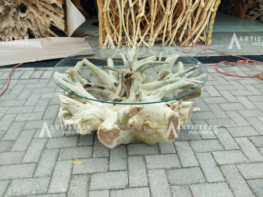 Bleached teak coffee table with floral design - Natural edge bleached teak coffee table - Live edge bleached teak coffee table - Rustic bleached teak root coffee table - SOGEH Furniture