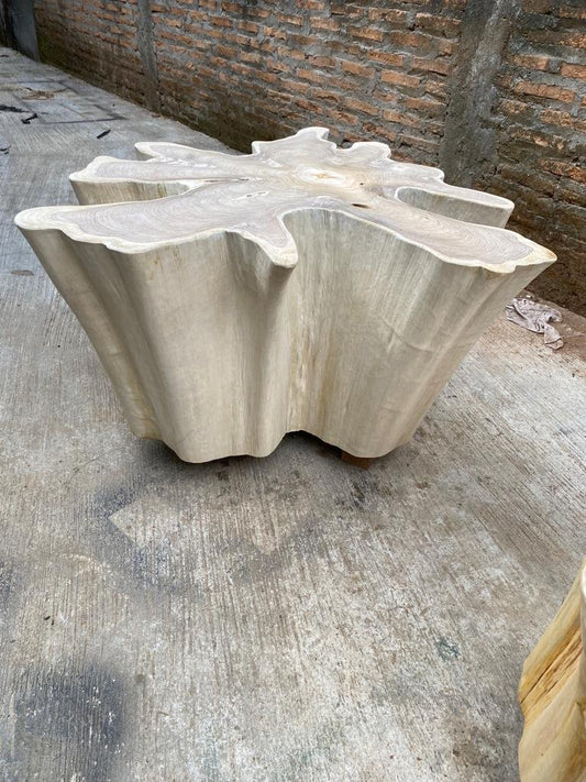 Bleached Teak Root Coffee Table With Natural Edges - Organic Shaped Teak Root Coffee Table - White Bleached Teak Slab Coffee Table - Live Edge White Bleached Teak Coffee Table - SOGEH Furniture