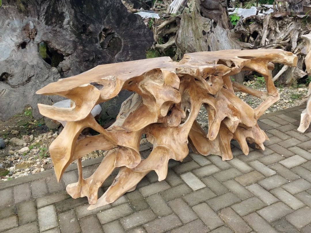 Brown Teak Root Side Table - Glossy Brown Teak Root Hall Table - Teak Root Console Table with Drawers - Teak Root Console Table with Shelf - SOGEH Furniture