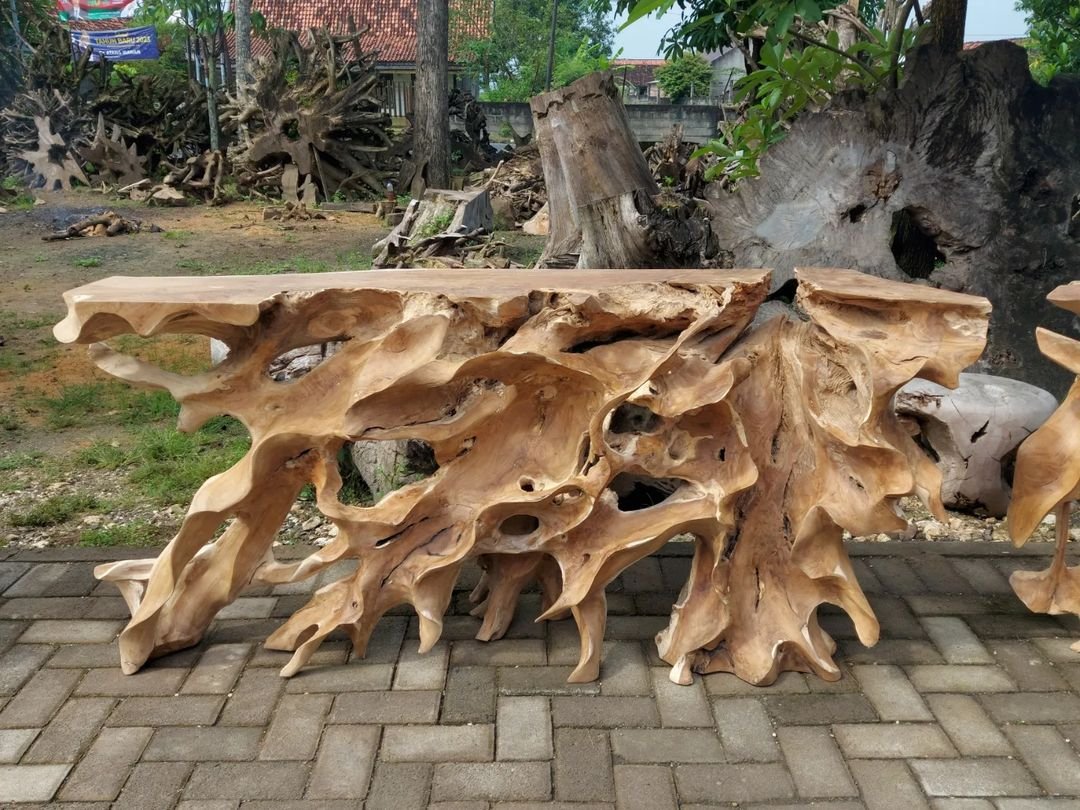 Brown Teak Root Side Table - Glossy Brown Teak Root Hall Table - Teak Root Console Table with Drawers - Teak Root Console Table with Shelf - SOGEH Furniture