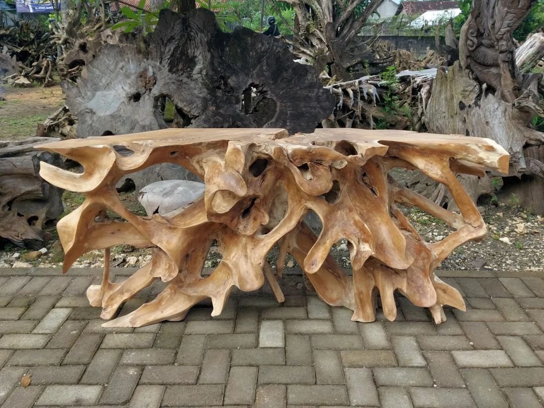 Brown Teak Root Side Table - Glossy Brown Teak Root Hall Table - Teak Root Console Table with Drawers - Teak Root Console Table with Shelf - SOGEH Furniture