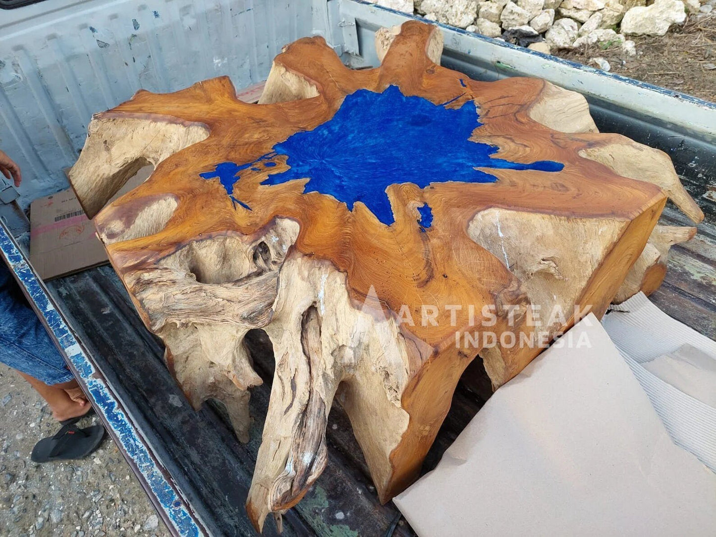 Colored Epoxy Resin Teak Root Table - River Table with Teak Root Base - Blue Epoxy Resin Table - Teak Root Dining Table - SOGEH Furniture