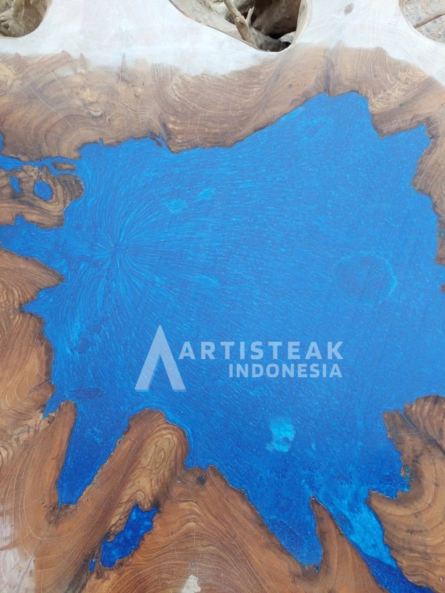 Colored Epoxy Resin Teak Root Table - River Table with Teak Root Base - Blue Epoxy Resin Table - Teak Root Dining Table - SOGEH Furniture