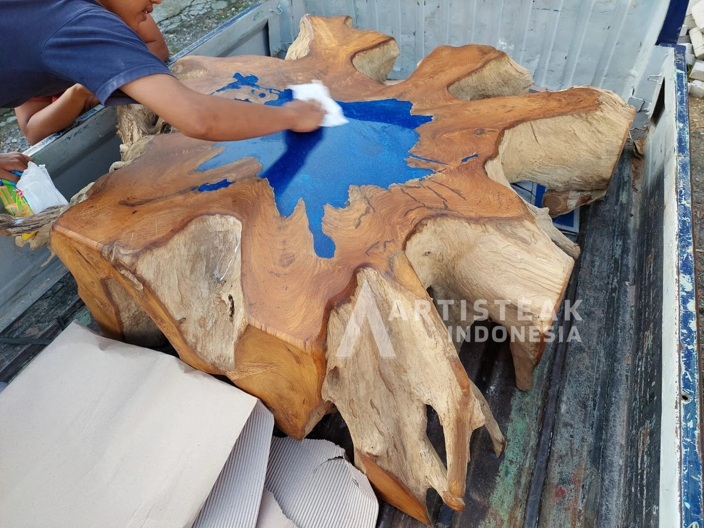 Colored Epoxy Resin Teak Root Table - River Table with Teak Root Base - Blue Epoxy Resin Table - Teak Root Dining Table - SOGEH Furniture