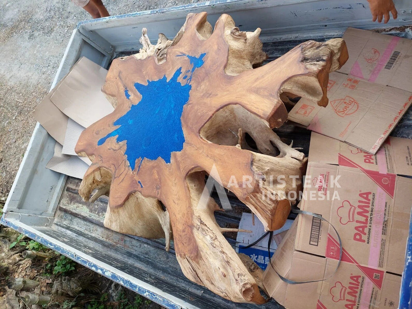 Colored Epoxy Resin Teak Root Table - River Table with Teak Root Base - Blue Epoxy Resin Table - Teak Root Dining Table - SOGEH Furniture