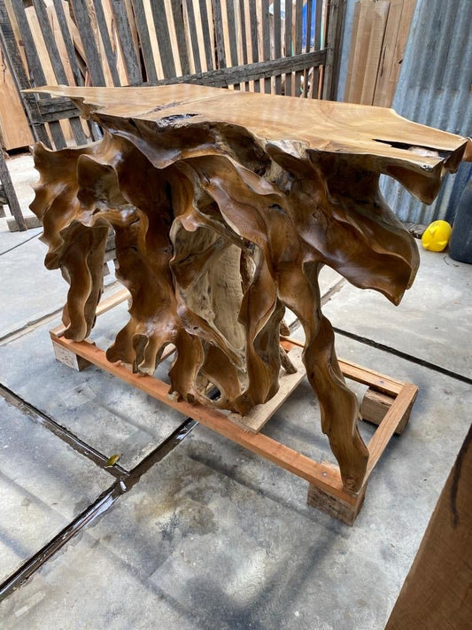 Custom-made teak root console table in any size or shape - sustainable teak root console table made from reclaimed wood - Eco-friendly teak root console table with natural oil finish - SOGEH Furniture