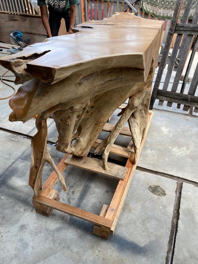 Custom-made teak root console table in any size or shape - sustainable teak root console table made from reclaimed wood - Eco-friendly teak root console table with natural oil finish - SOGEH Furniture