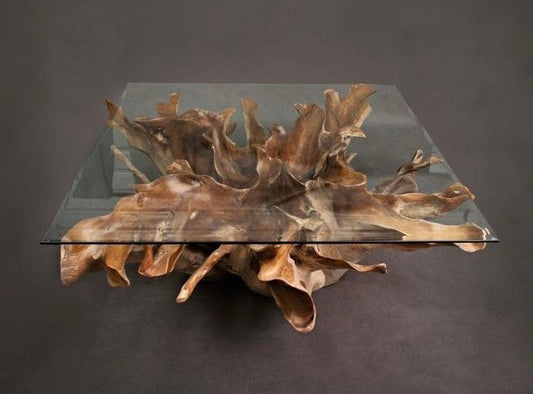 Custom Natural Teak Root Coffee Table - Sustainable Natural Teak Root Coffee Table - Natural Teak Root Square Coffee Table with Glass Top - Natural Teak Root Square Nesting Coffee Tables - SOGEH Furniture