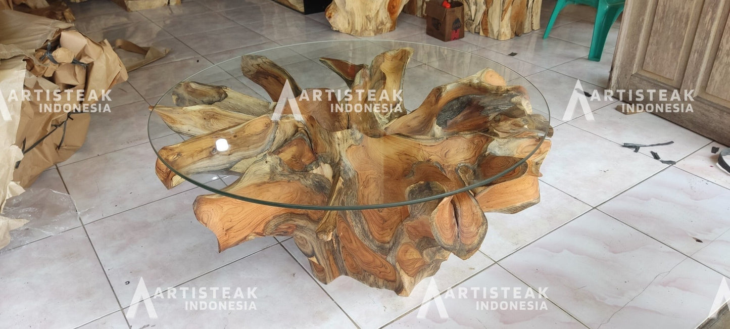 Custom round teak root coffee table - Round teak root coffee table with natural edge - Round teak root coffee table with live edge - SOGEH Furniture