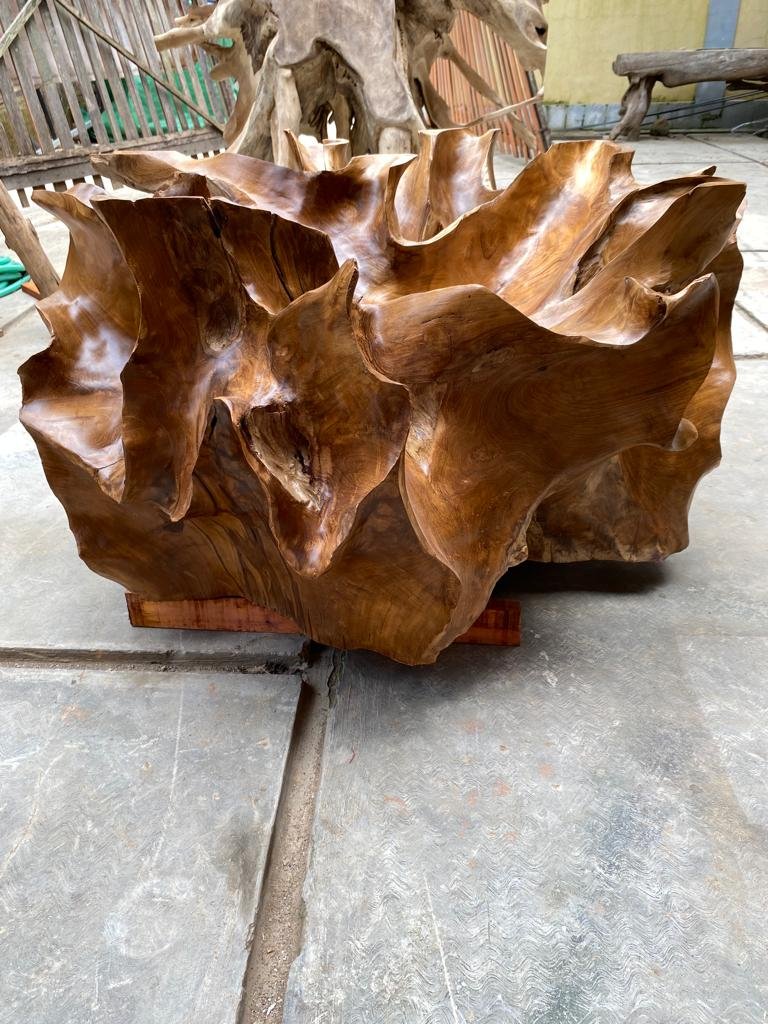 Dark Brown Finishing Teak Root Coffee Table - Round Teak Root Coffee Table - High End Wooden Coffee Table - SOGEH Furniture