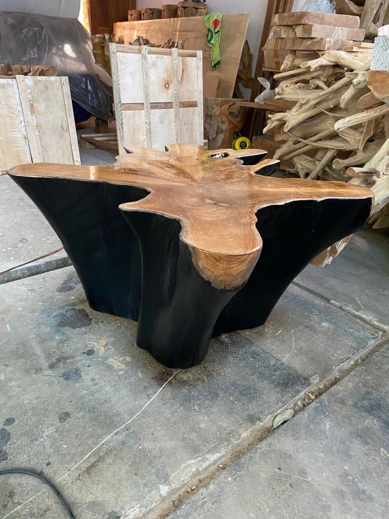 Dark Teak Finish Teak Root Coffee Table - Black Glossy Finish Coffee Table - Teak Root Coffee Table - Large Teak Root Coffee Table - Boho Coffee Table - SOGEH Furniture