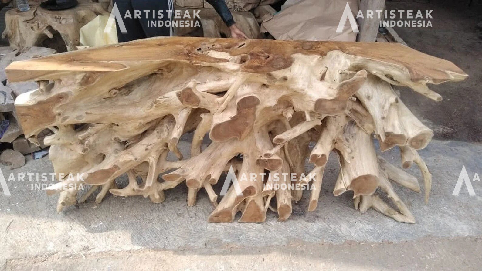 Driftwood Console Table Long Carved - Hand Carved Teak Console Table Long Root - Unique Console Table - Rustic Console Table Natural - Teak Root Console Table - SOGEH Furniture