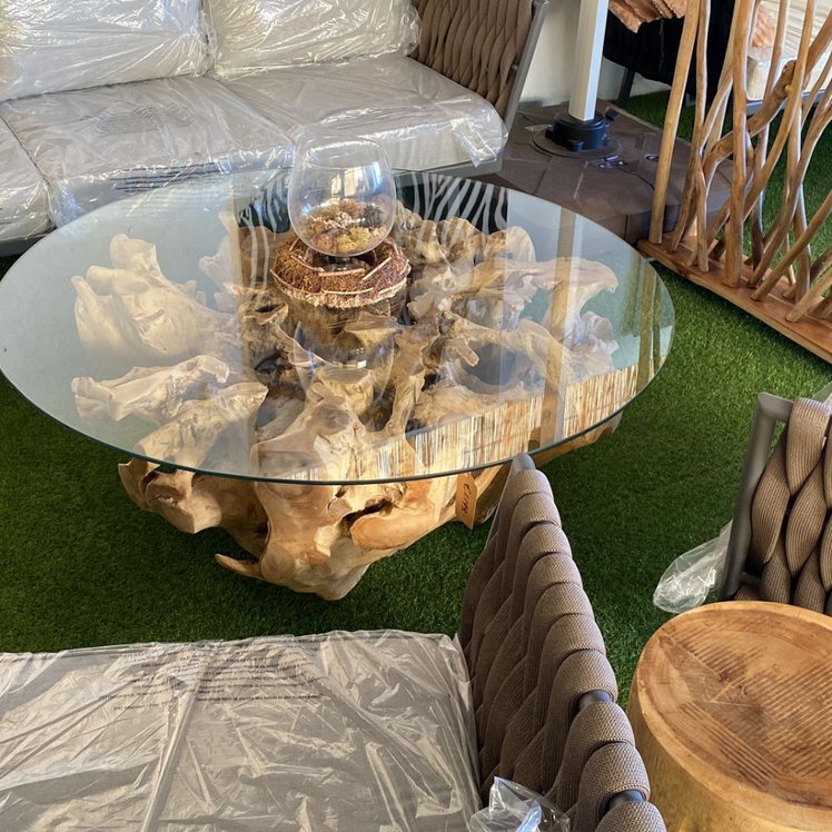 Driftwood teak root coffee table - Cluster teak root coffee table - Slab teak root coffee table - Tempered glass top coffee table - Beveled glass top coffee table - SOGEH Furniture