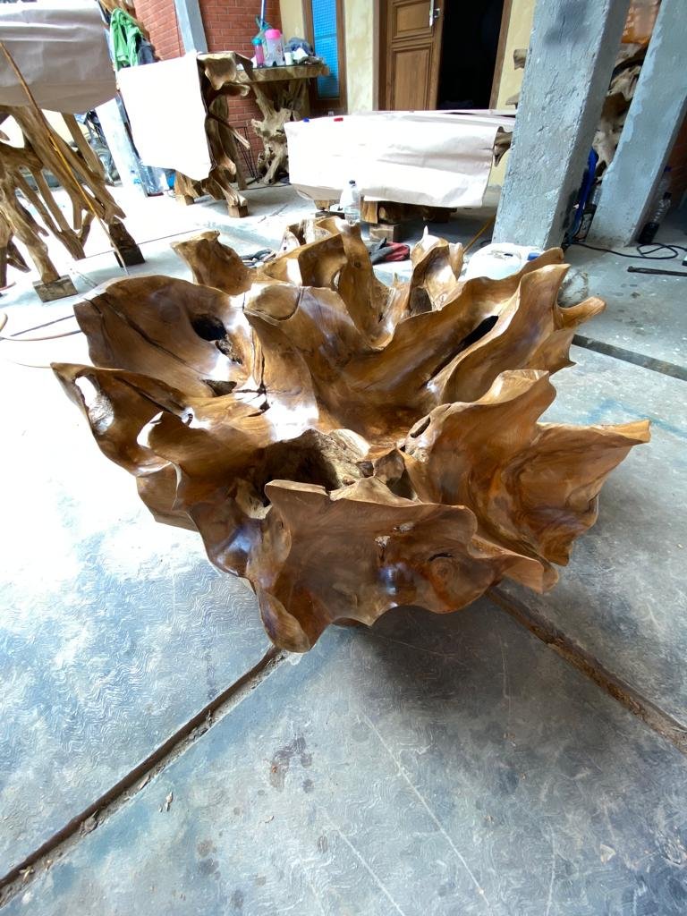 Floral teak root coffee table - Live edge teak root coffee table - Natural edge teak root coffee table - Epoxy resin coffee table with floral design - SOGEH Furniture