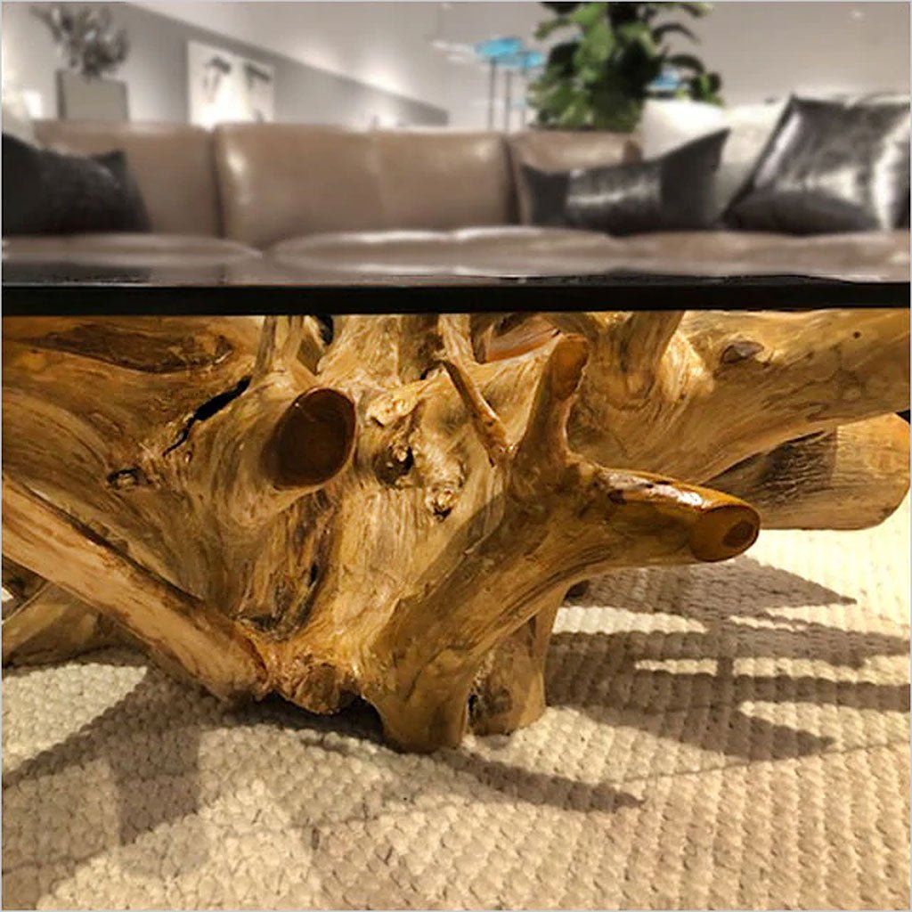 Glass Top Teak Root Coffee Table - River Teak Root Coffee Table - Round Teak Root Coffee Table - Glass Top Teak Root Side Table - SOGEH Furniture