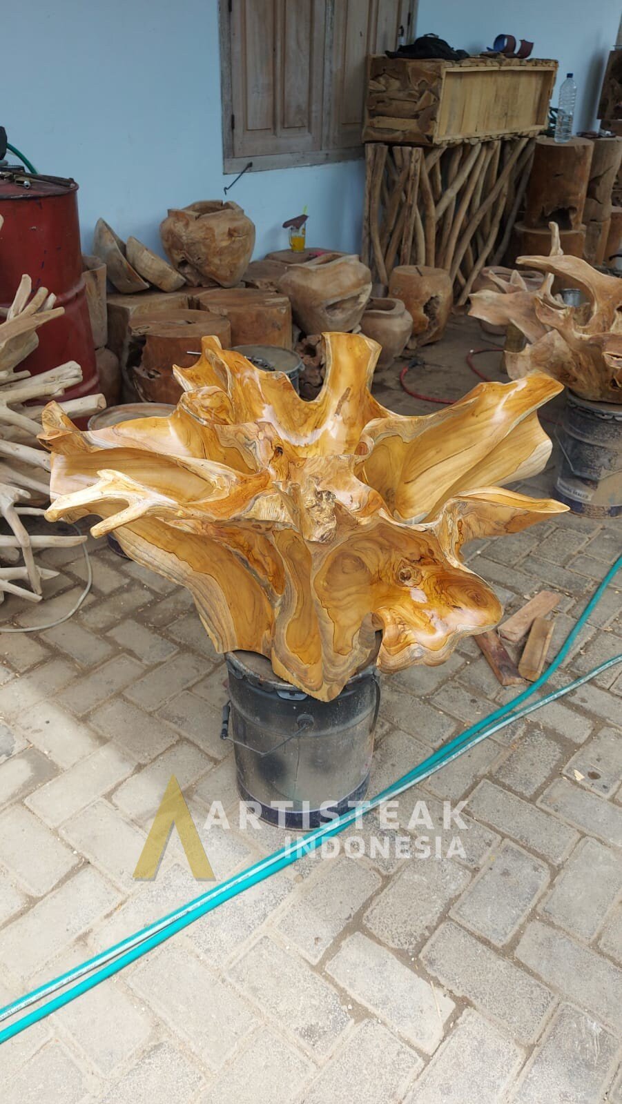 Glass top teak root table - Teak root table with natural wood grain - Modern teak root table with clean lines - Natural finish teak root table - SOGEH Furniture