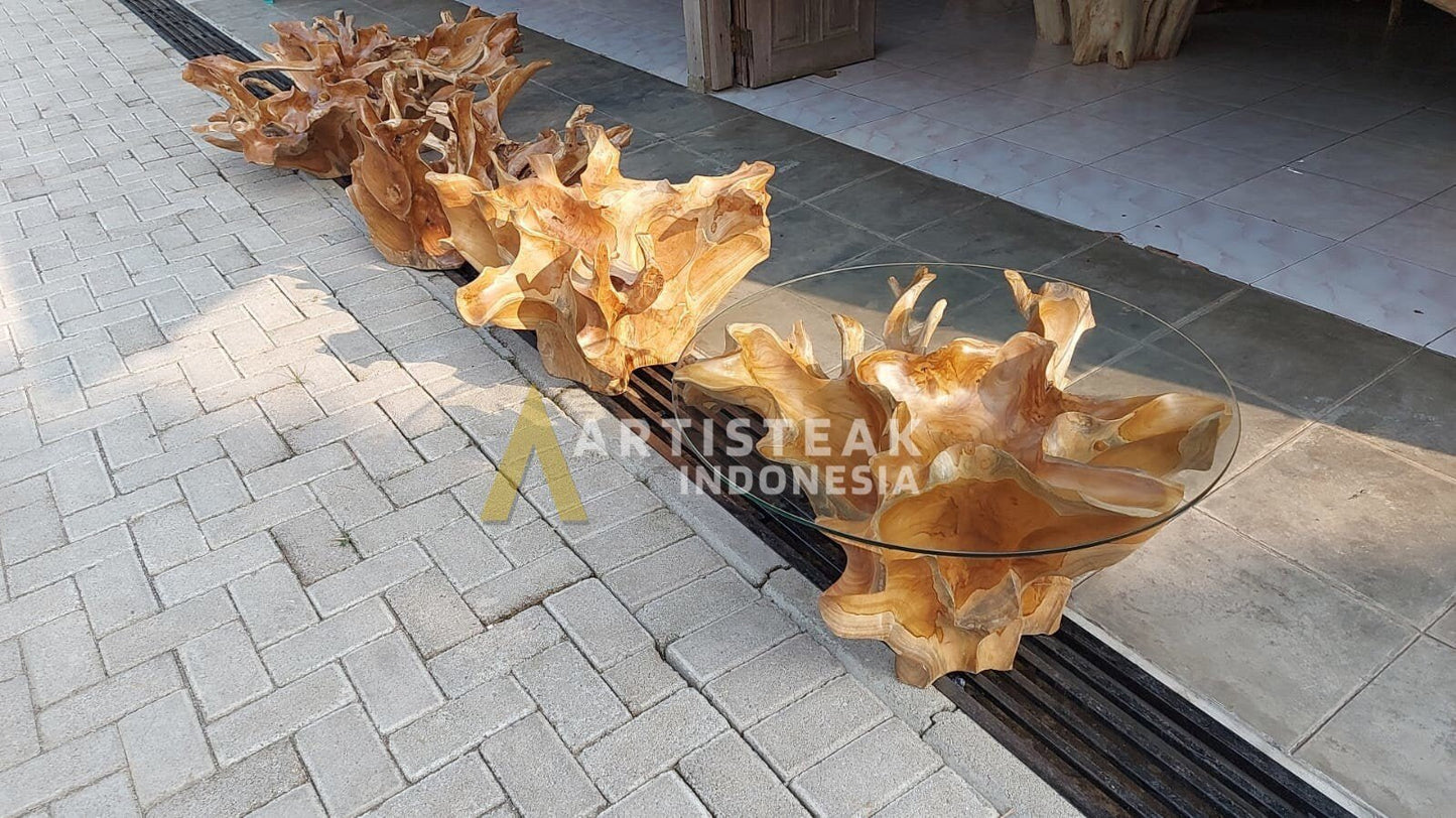 Glass top teak root table - Teak root table with natural wood grain - Modern teak root table with clean lines - Natural finish teak root table - SOGEH Furniture