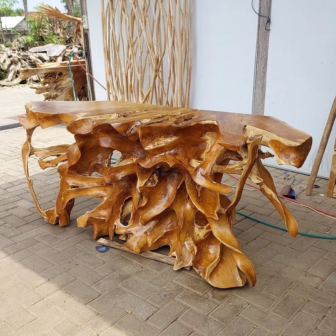 Glossy Brown Teak Root Console Table - Teak Root Console Table - Modern Console Table - Entryway Console Table - SOGEH Furniture