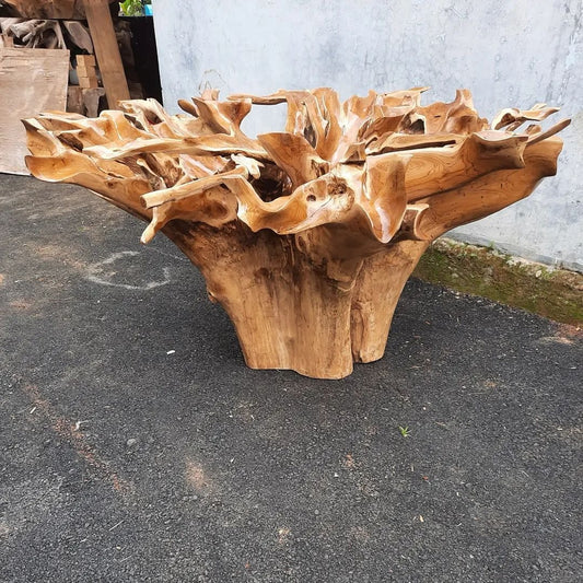 Golden brown teak coffee table - Warm brown teak coffee table - Floral teak root coffee table - Teak root coffee table with floral pattern - SOGEH Furniture