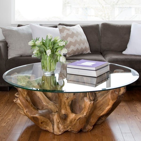 Golden Brown Teak Slab Coffee Table - Round Teak Root Coffee Table - Javanese Teak Root Coffee Table - Sustainable Teak Root Coffee Table - SOGEH Furniture