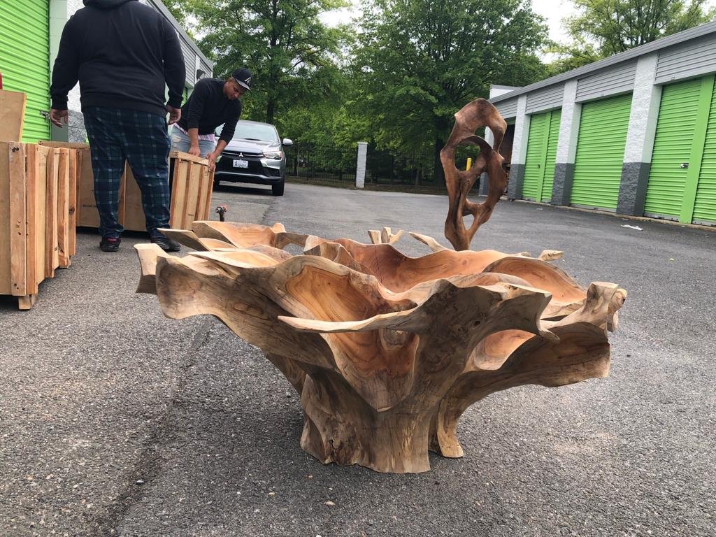 Golden Brown Teak Slab Coffee Table - Round Teak Root Coffee Table - Javanese Teak Root Coffee Table - Sustainable Teak Root Coffee Table - SOGEH Furniture