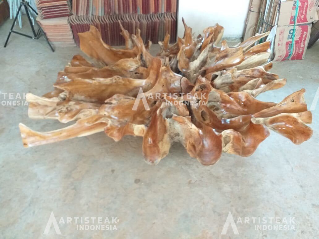 Golden Brown Teak Slab Coffee Table - Square Teak Root Coffee Table - Large Teak Root Coffee Table - Modern Farmhouse Teak Root Coffee Table - SOGEH Furniture