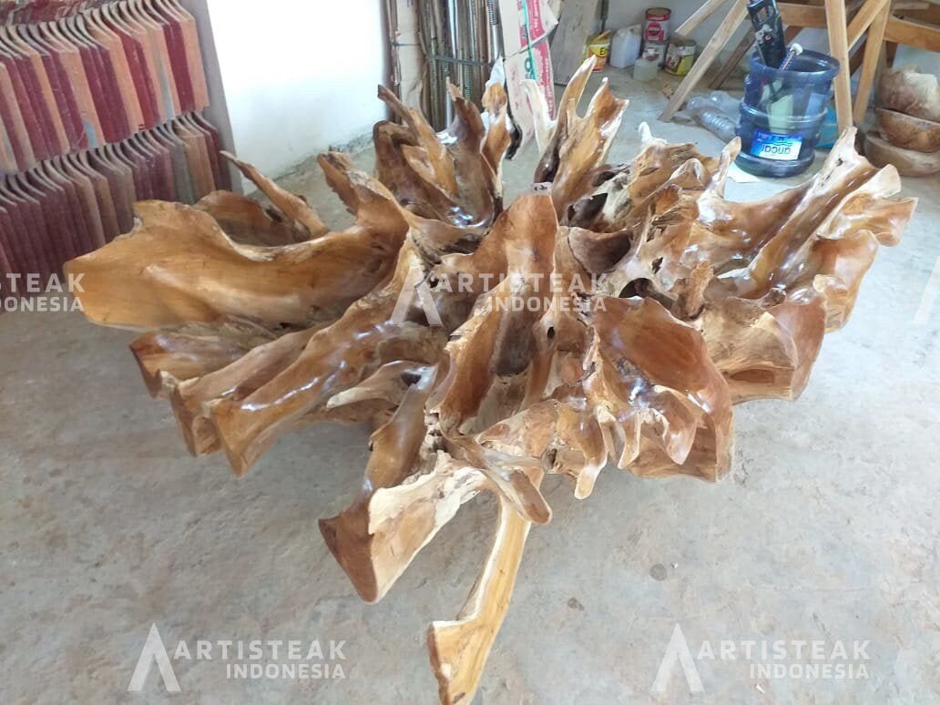 Golden Brown Teak Slab Coffee Table - Square Teak Root Coffee Table - Large Teak Root Coffee Table - Modern Farmhouse Teak Root Coffee Table - SOGEH Furniture