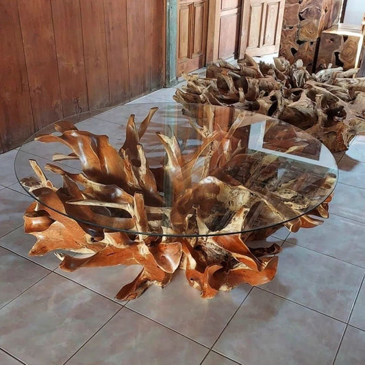 Golden Finished Round Coffee Table - Carved Teak Root Coffee Table - Best Deal Wooden Coffee Table - SOGEH Furniture