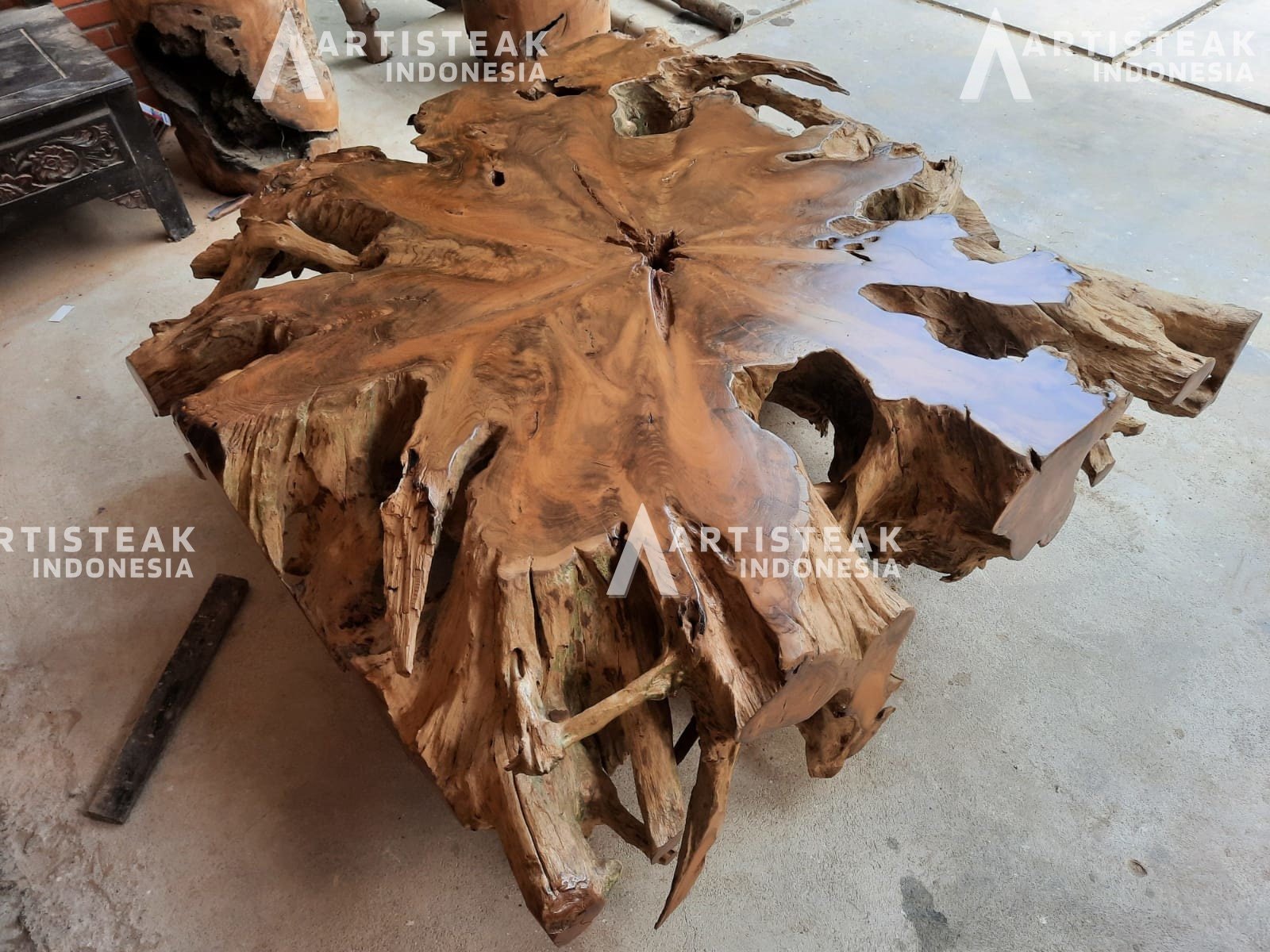 Golden Square Carved Teak Root Dining Table - Carved Teak Root Table - Wax Polished Teak Root Dining Table - Luxury Dining Table - SOGEH Furniture