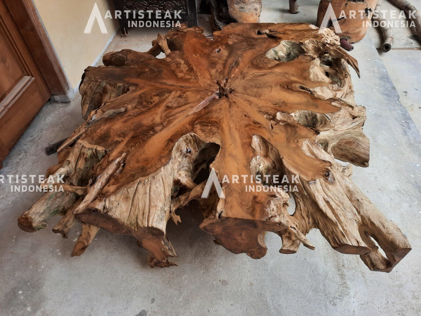 Golden Square Carved Teak Root Dining Table - Carved Teak Root Table - Wax Polished Teak Root Dining Table - Luxury Dining Table - SOGEH Furniture