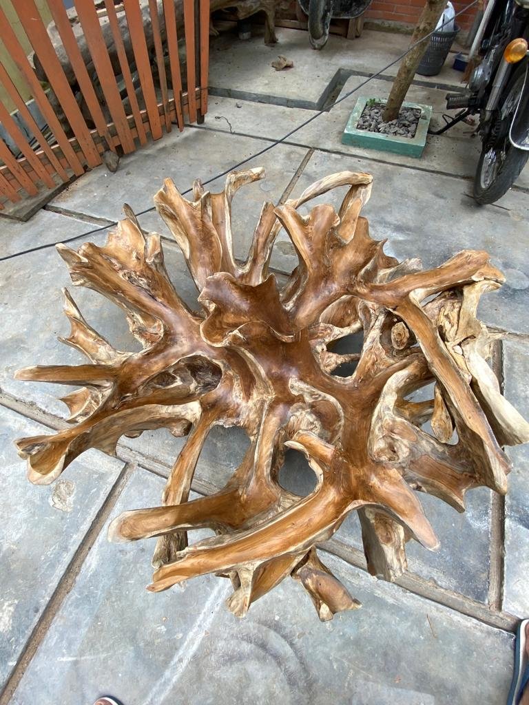 Golden teak root dining table - Honey teak root table - Eco-friendly teak table made from reclaimed wood - Fair trade teak furniture from Indonesia - SOGEH Furniture