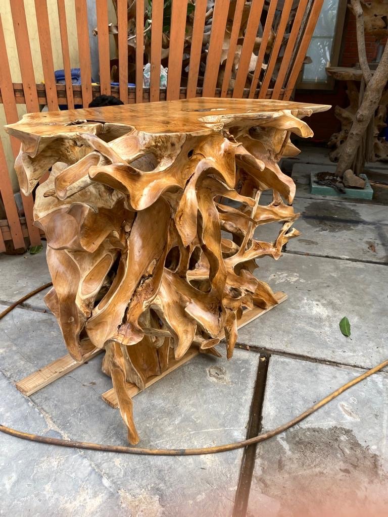 Hallway Table with A Modern Edge - Entryway Table with Hand Forged Iron Hardware - Teak Root Entryway Table - SOGEH Furniture