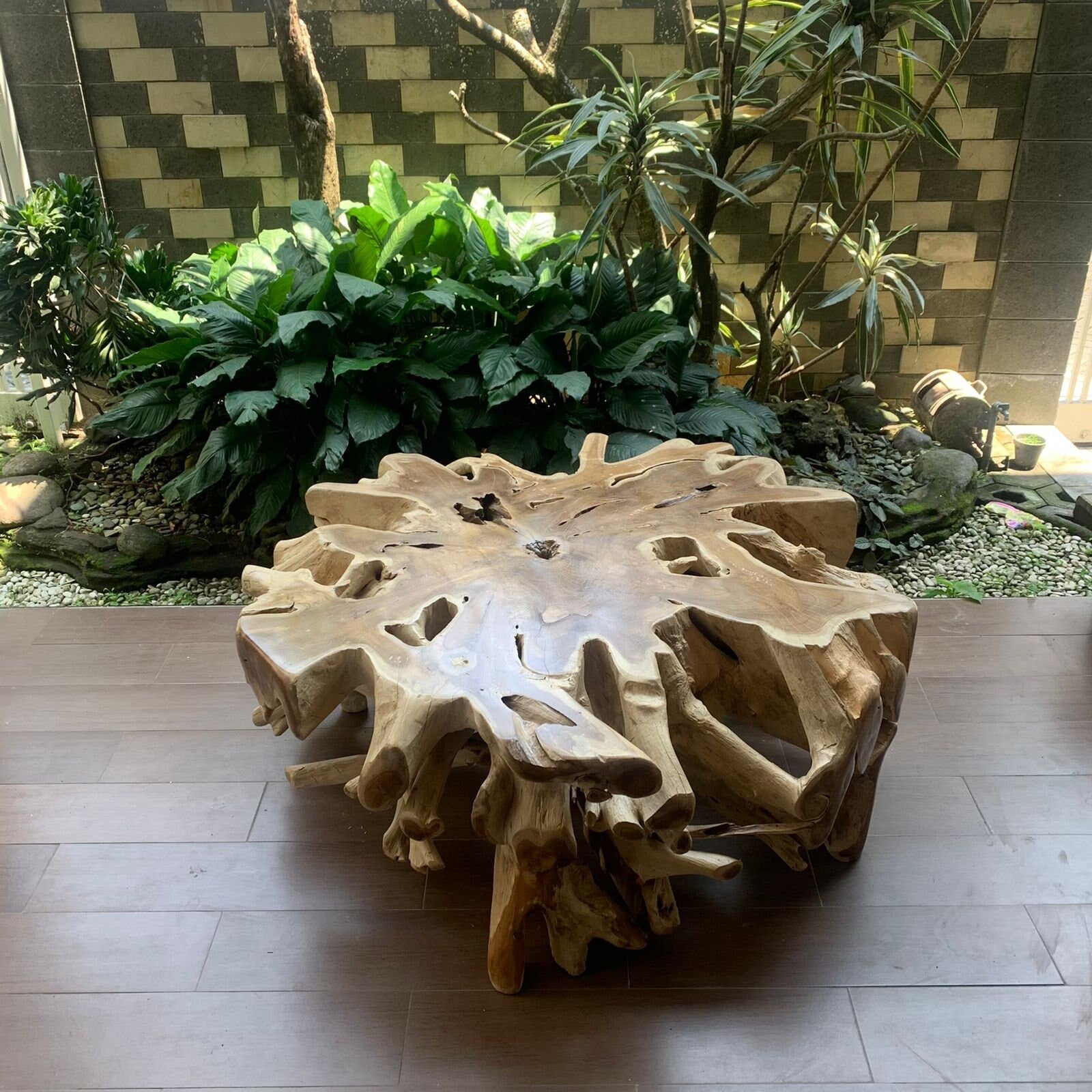 Handcrafted teak root coffee table for living room - Sustainable teak root coffee table for sale Organic teak furniture - Modern teak furniture - Industrial teak furniture - SOGEH Furniture