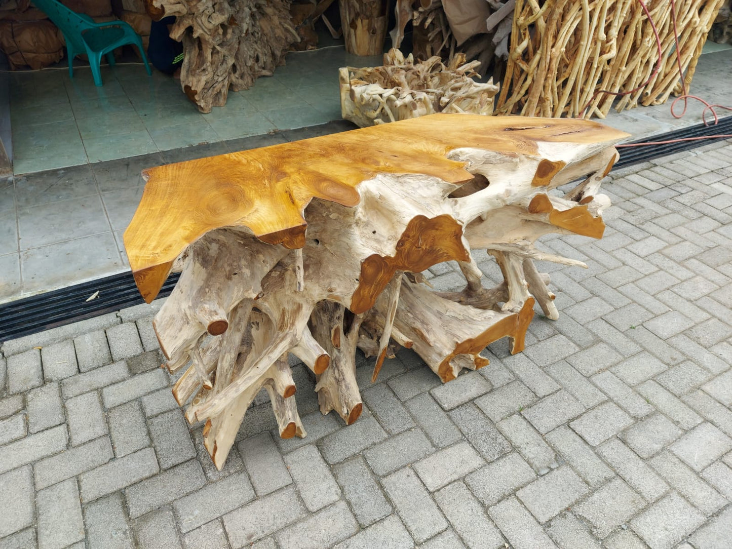 Handcrafted Teak Root Console Table - Rustic Brown Teak Root Console Table - Organic Brown Teak Root Console Table - Live Edge Brown Teak Root Console Table - Modern Brown Teak Root Console Table - SOGEH Furniture