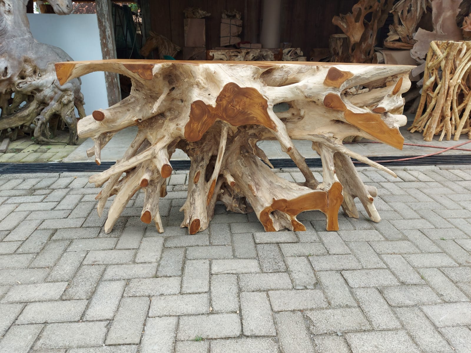 handcrafted white teak console table heirloom quality - unique white teak console table conversation starter - white teak console table with intricate root details - SOGEH Furniture