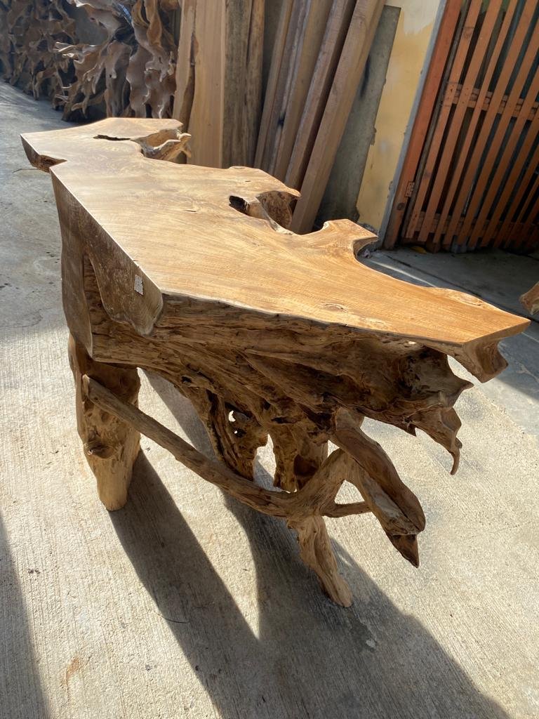 Handmade natural brown teak root console table - Custom natural brown teak root console table - Natural brown teak root console table with storage - SOGEH Furniture