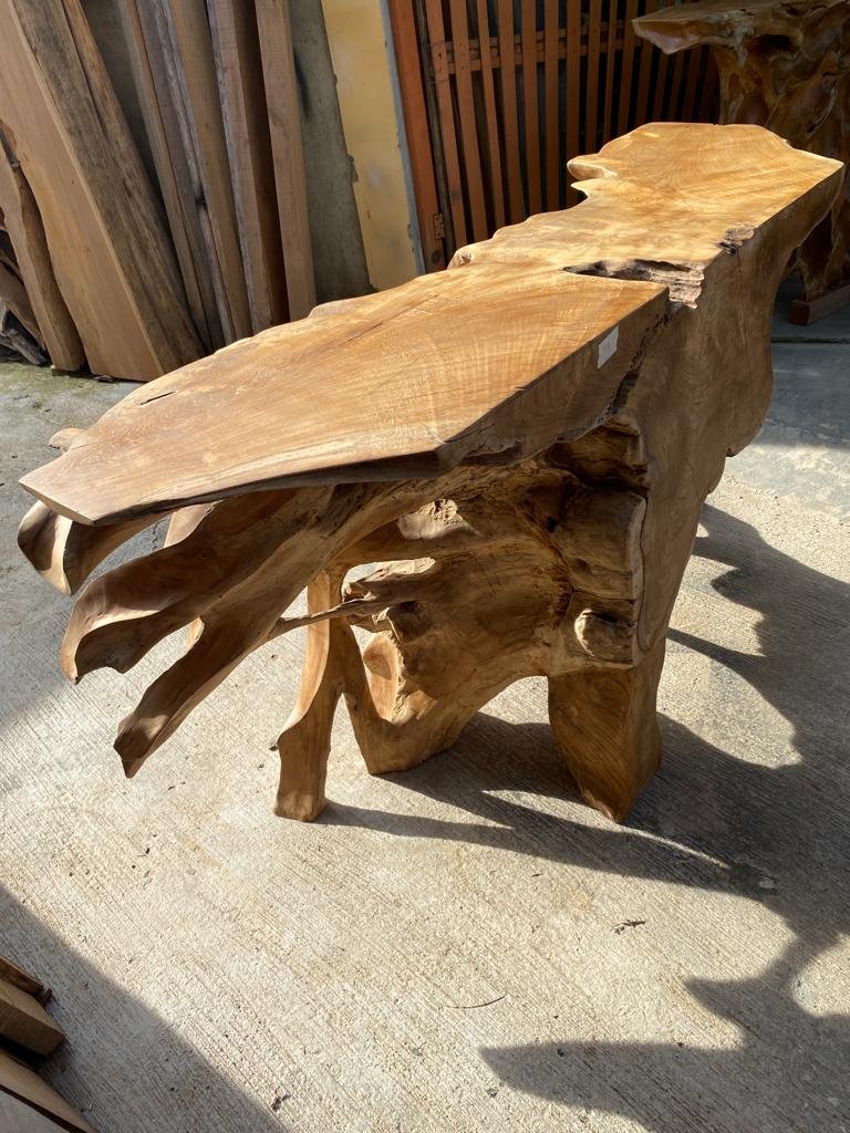 Handmade natural brown teak root console table - Custom natural brown teak root console table - Natural brown teak root console table with storage - SOGEH Furniture