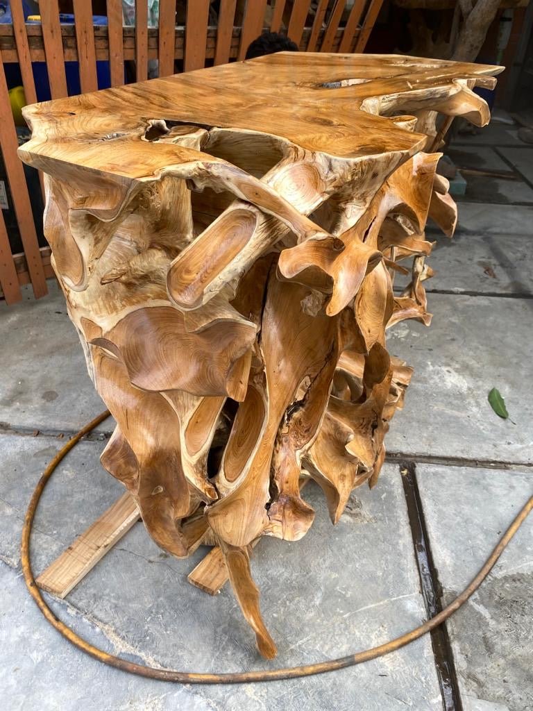 Handmade natural teak console table - Unique teak console table - Modern rustic console table made from teak root - Live edge teak console table with storage - SOGEH Furniture