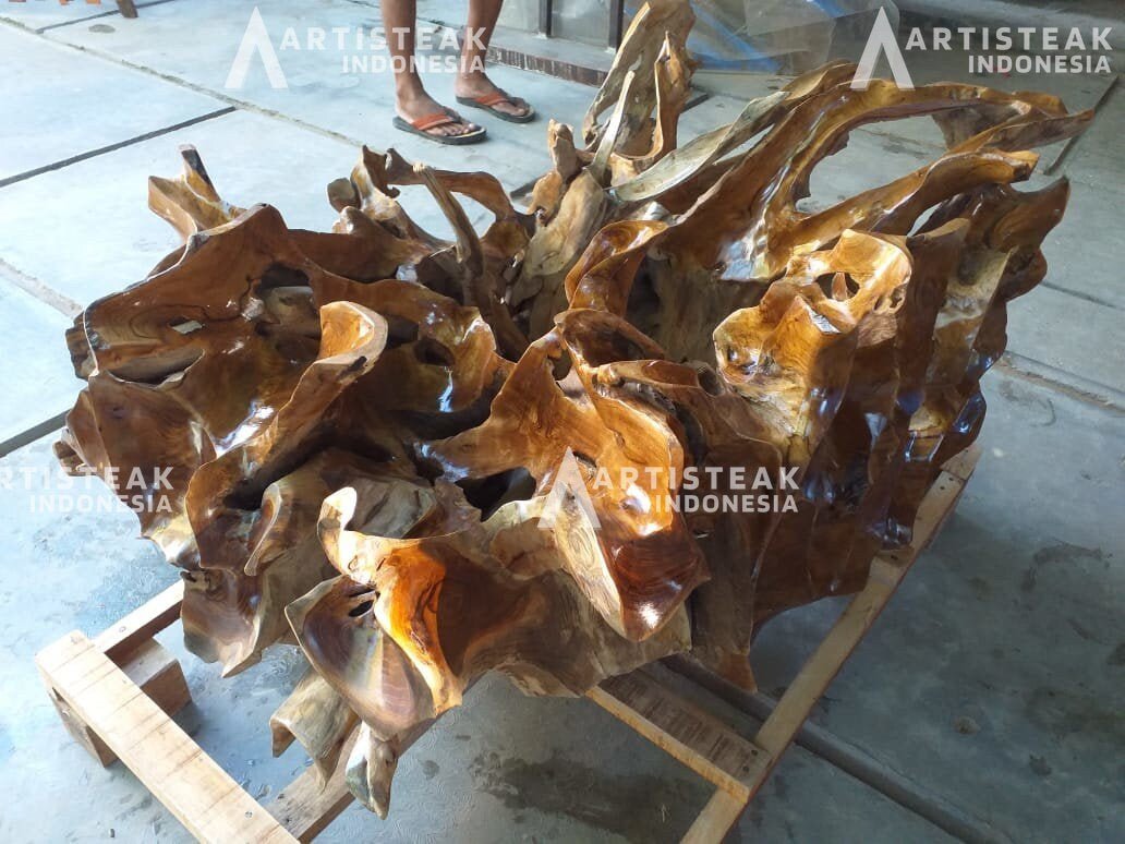 Indonesian Teak Root Dining Table - Natural Teak Root Dining Table - Slab Dining Table - Glass Top Teak Root Dining Table - SOGEH Furniture