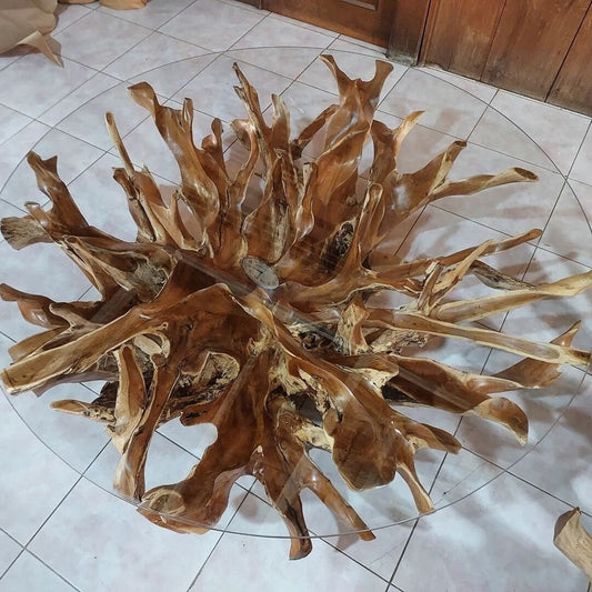 Indonesian Teak Root Dining Table - Natural Teak Root Dining Table - Slab Dining Table - Glass Top Teak Root Dining Table - SOGEH Furniture