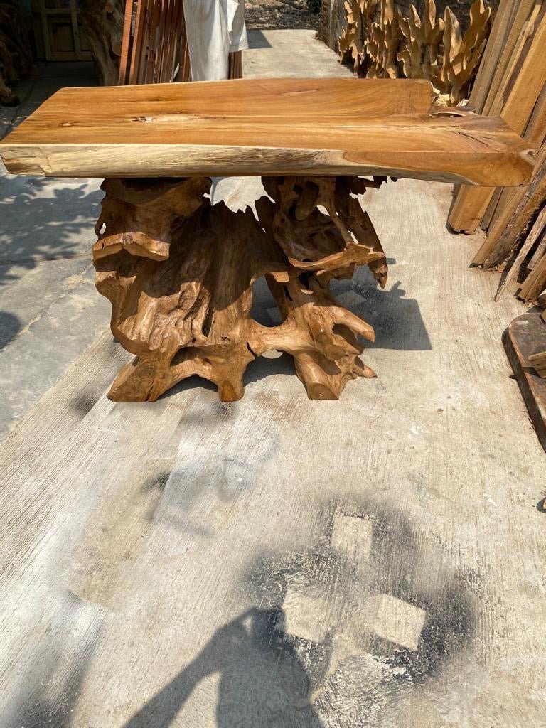 Industrial style console table made from solid teak wood - Natural brown teak console table for entryway - Teak root console table for living room - Small console table made from teak root - SOGEH Furniture