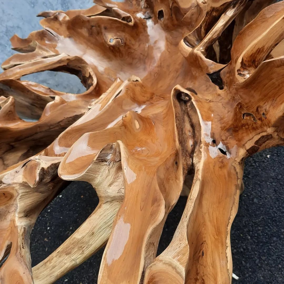 Industrial Teak Root Dining Table - Glass Top Teak Root Dining Table - Rustic Teak Root Dining Table - SOGEH Furniture