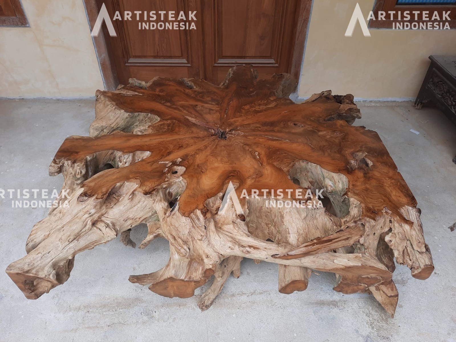 Large organic teak root dining table - Organic teak root table with storage - Extendable organic teak root dining table - Dark teak root furniture - SOGEH Furniture