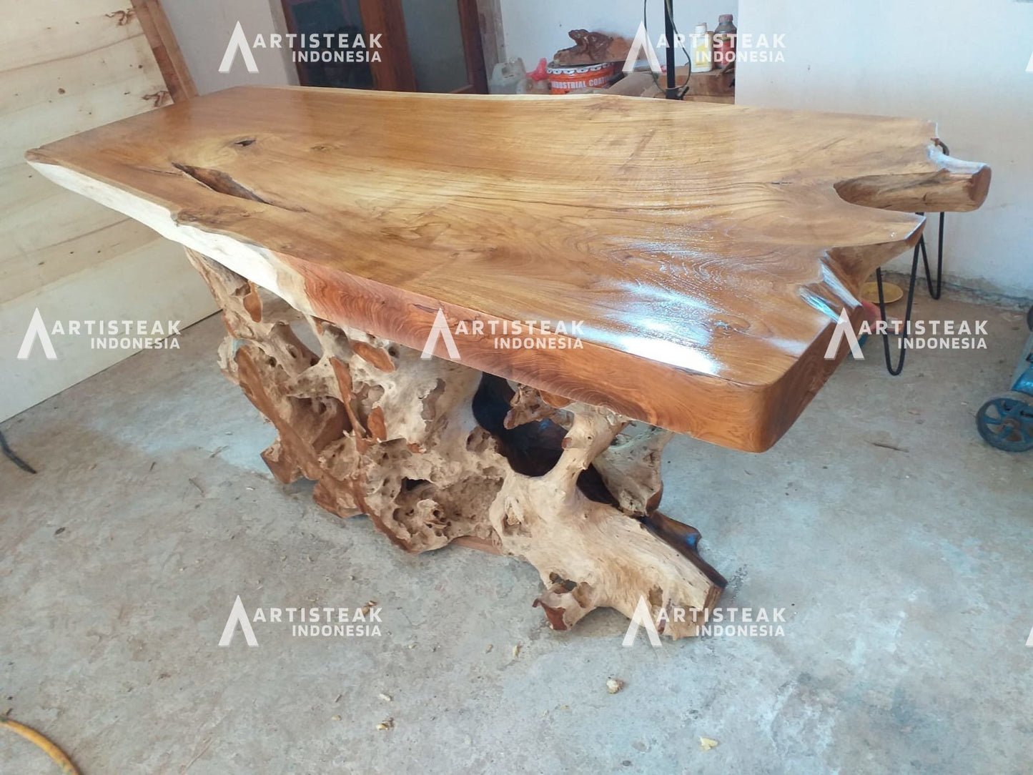 Large teak root dining table for 8 - Teak root dining chairs with armrests - Teak root bar stools for kitchen island - Natural edge teak root dining table set - SOGEH Furniture