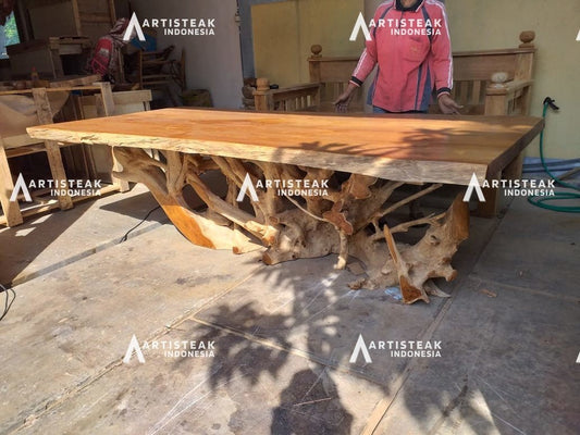 Large teak root dining table for 8 - Teak root dining chairs with armrests - Teak root bar stools for kitchen island - Natural edge teak root dining table set - SOGEH Furniture