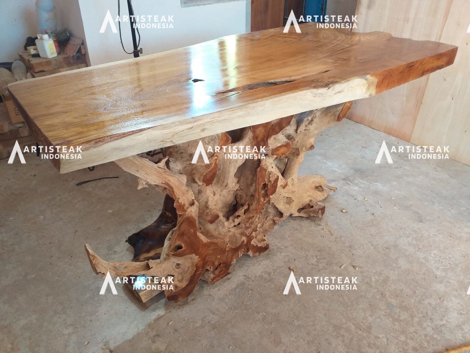 Large teak root dining table for 8 - Teak root dining chairs with armrests - Teak root bar stools for kitchen island - Natural edge teak root dining table set - SOGEH Furniture