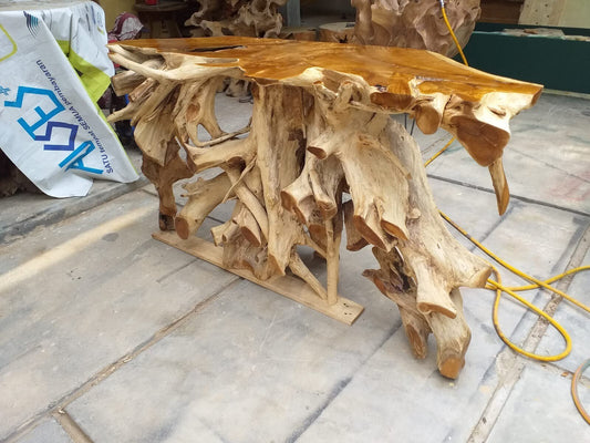 Live edge teak console table - Natural edge teak console table - Carved teak root console table - Solid teak console table - Wood furniture - Handcrafted furniture - SOGEH Furniture