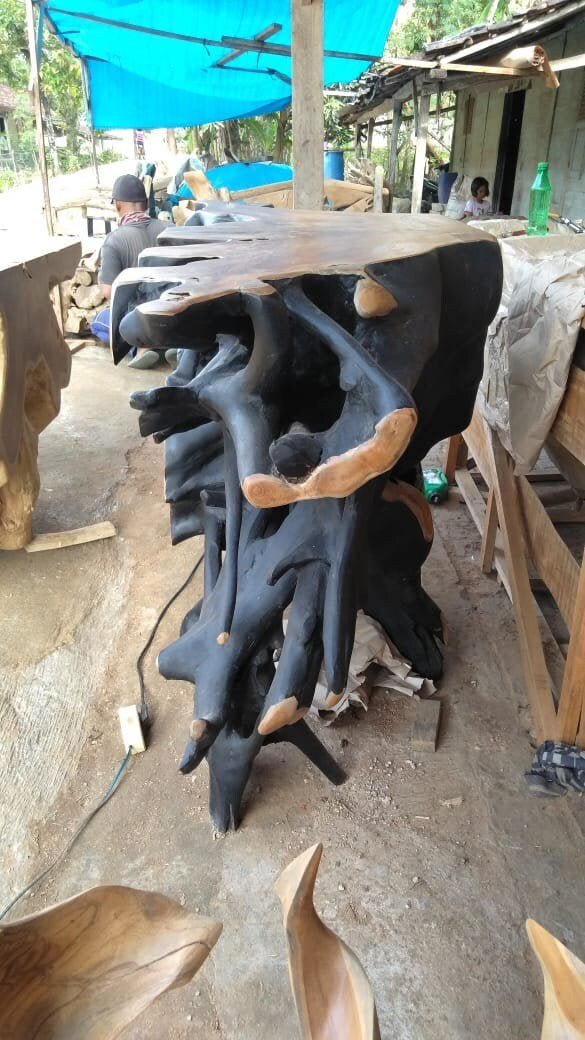 Long Carved Teak Console Table - Black Long Console Table - Black Natural Edge Console Table - Teak Root Table Console - SOGEH Furniture